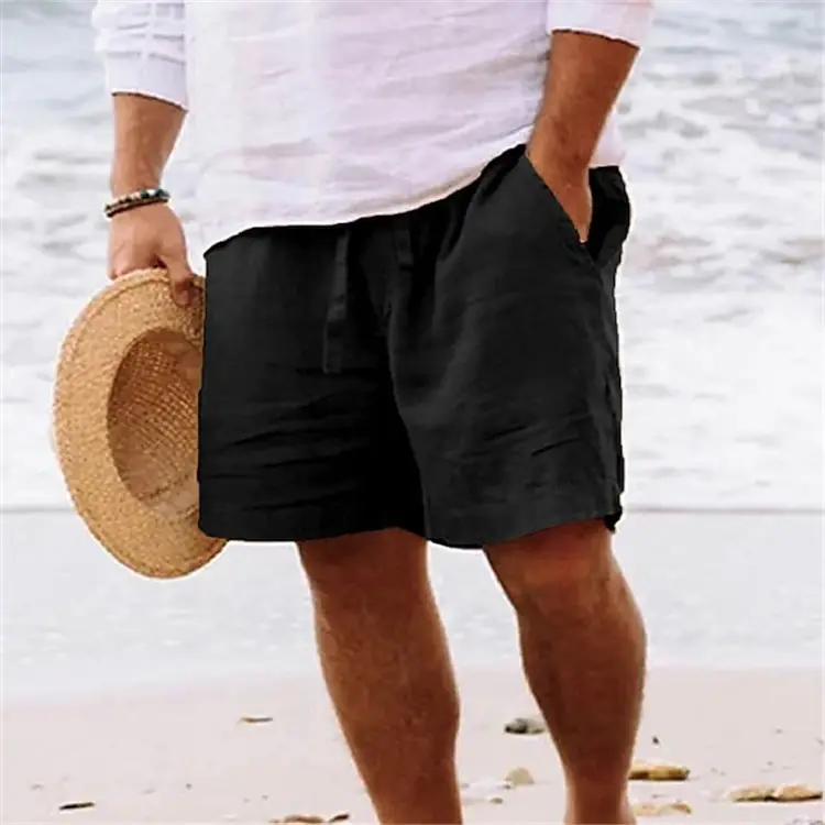 Men Drawstring Elastic Waist Shorts Blue Cotton Linen - Image 9