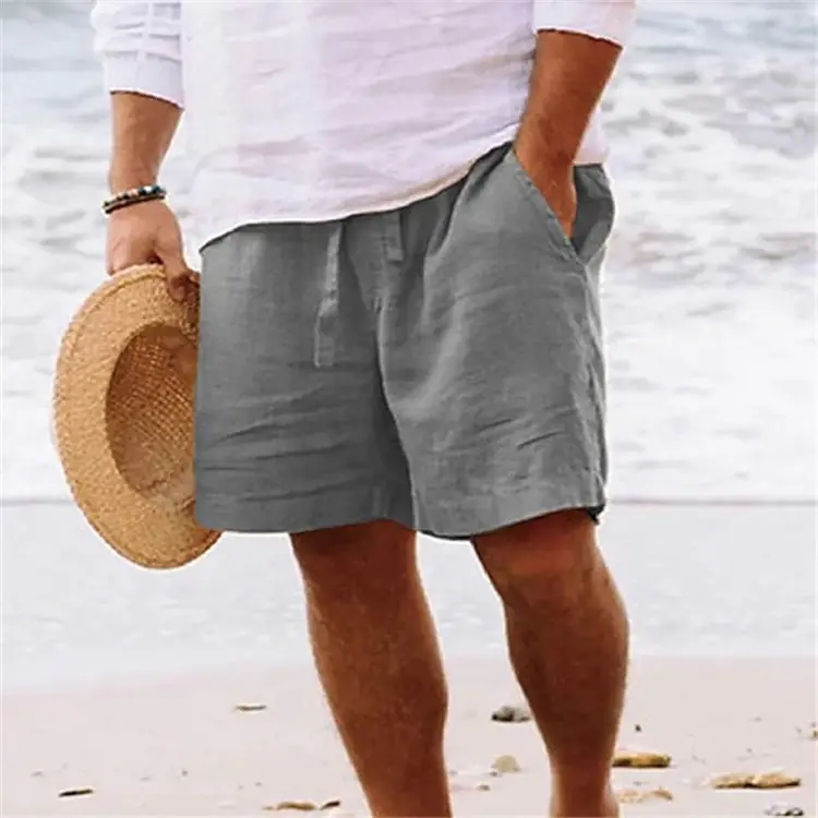 Men Drawstring Elastic Waist Shorts Blue Cotton Linen - Image 10