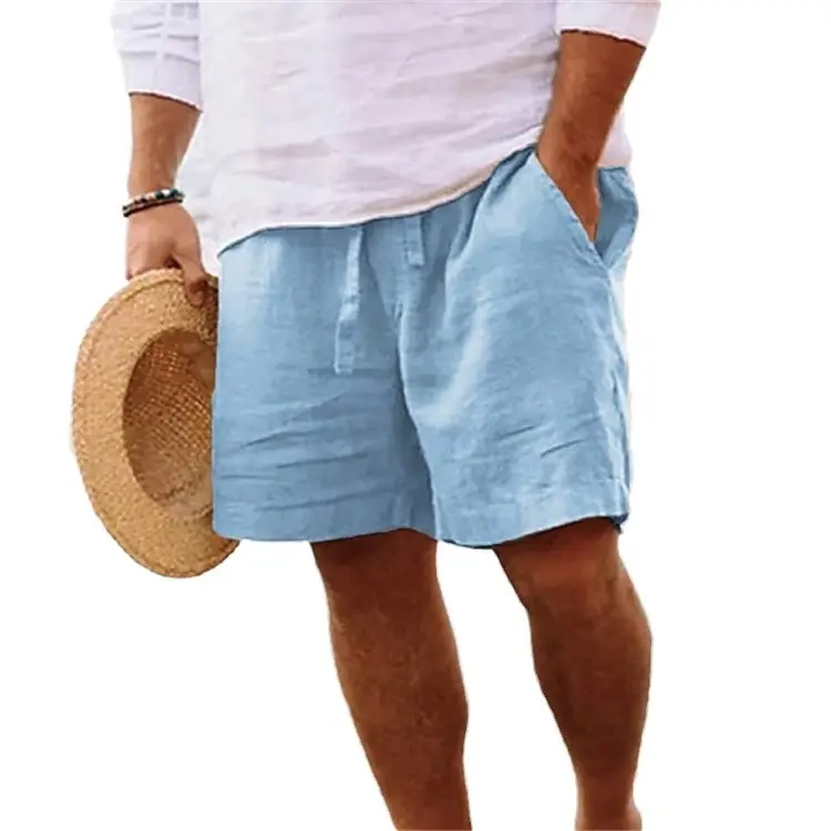 Men Drawstring Elastic Waist Shorts Blue Cotton Linen - Image 12