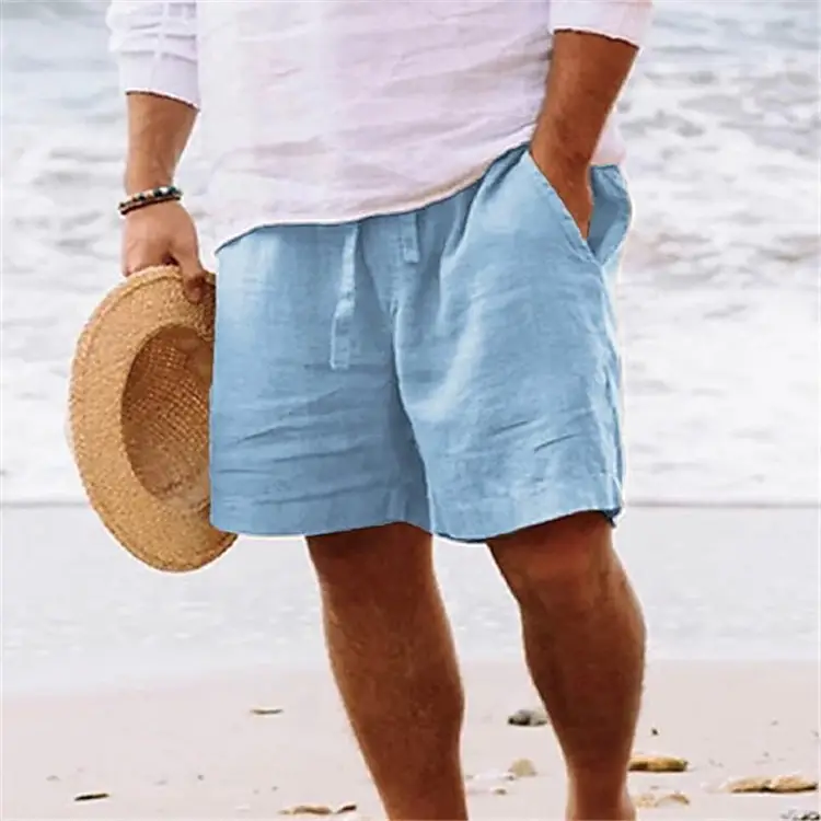Men Drawstring Elastic Waist Shorts Blue Cotton Linen - Image 3