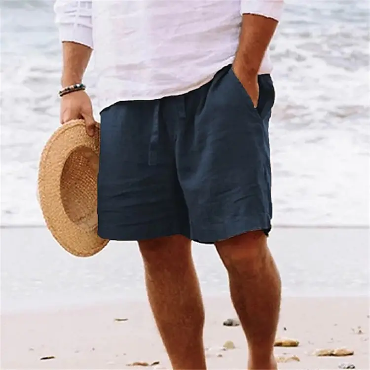Men Drawstring Elastic Waist Shorts Blue Cotton Linen - Image 4