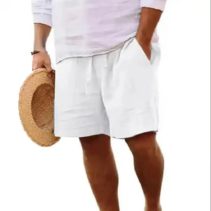 Men Drawstring Elastic Waist Shorts Blue Cotton Linen - Image 6