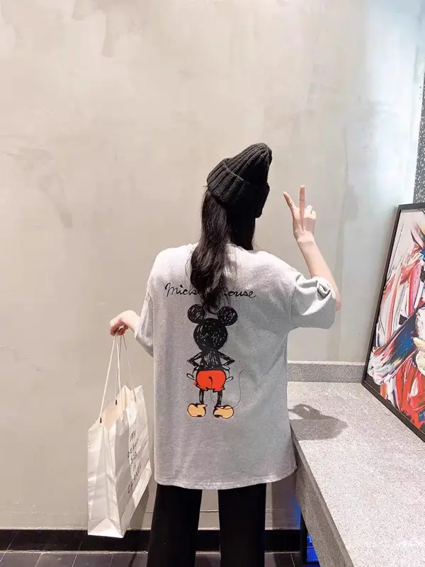 Women Printed Cartoon T-Shirt White Round Neck Loose Fit - Image 4