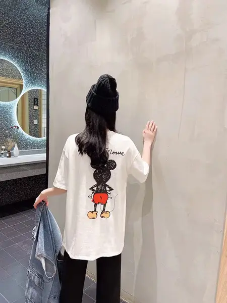 Women Printed Cartoon T-Shirt White Round Neck Loose Fit - Image 5