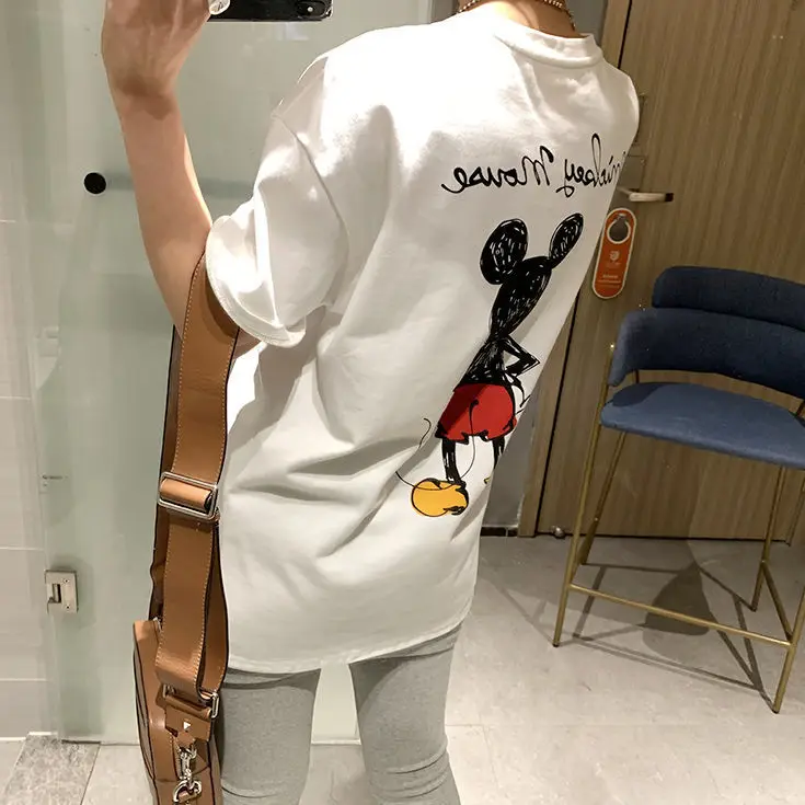 Women Printed Cartoon T-Shirt White Round Neck Loose Fit — feature 9