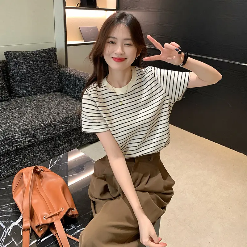 Women Retro Striped T-Shirt 2023 Summer Loose Fit - Image 4