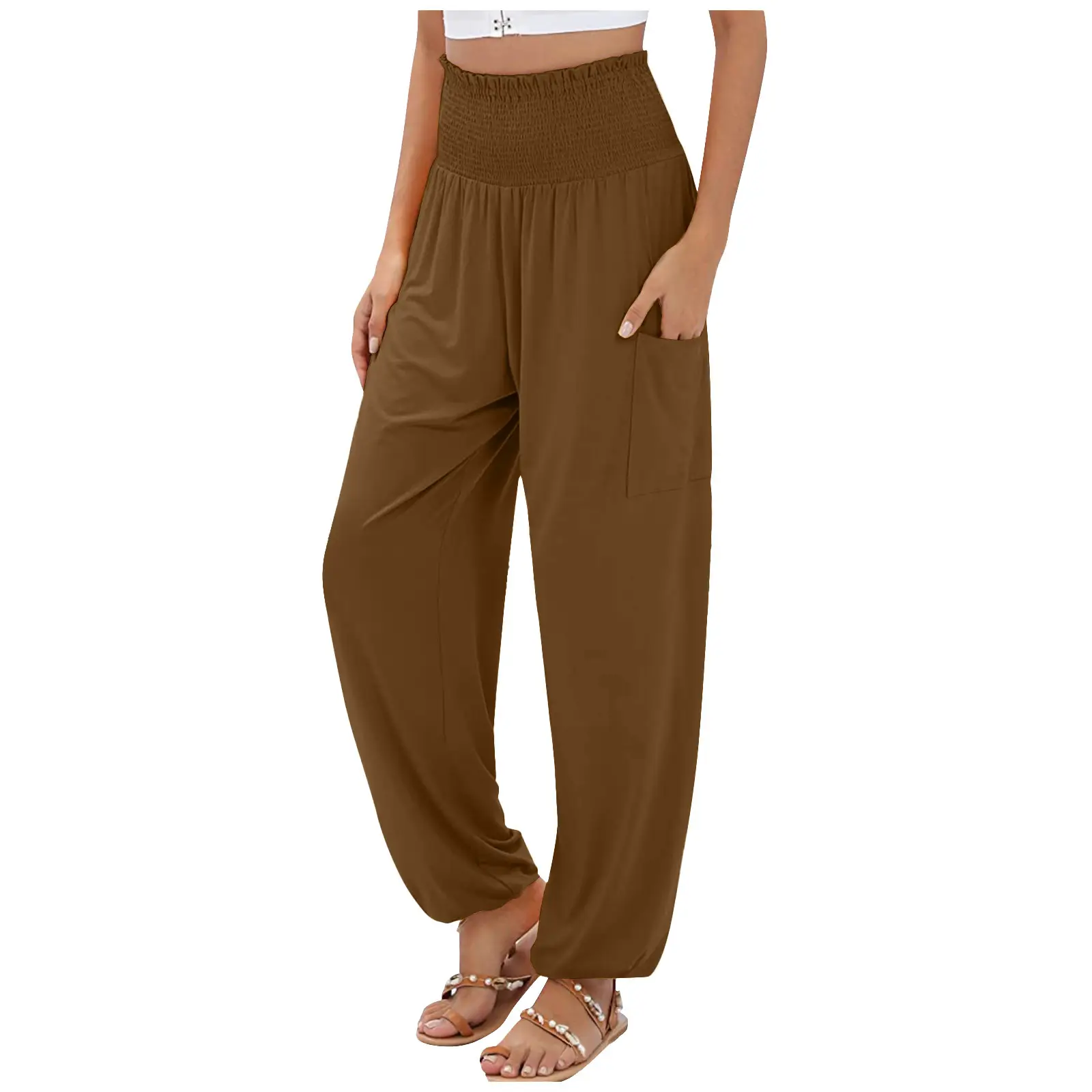 Women's Brown Elastic High Waist Wide Leg Pants