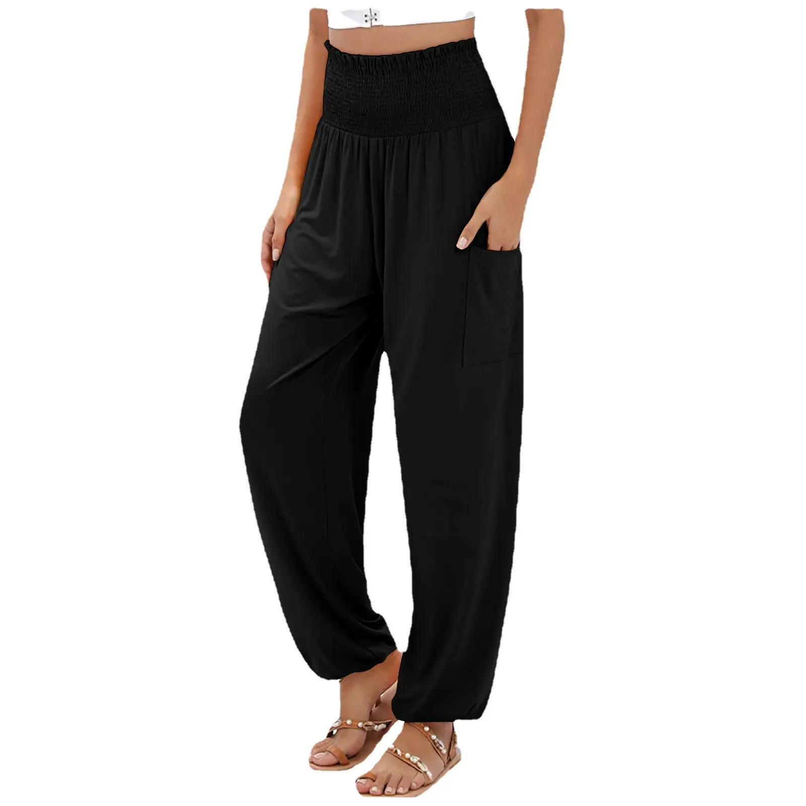 Women's Brown Elastic High Waist Wide Leg Pants