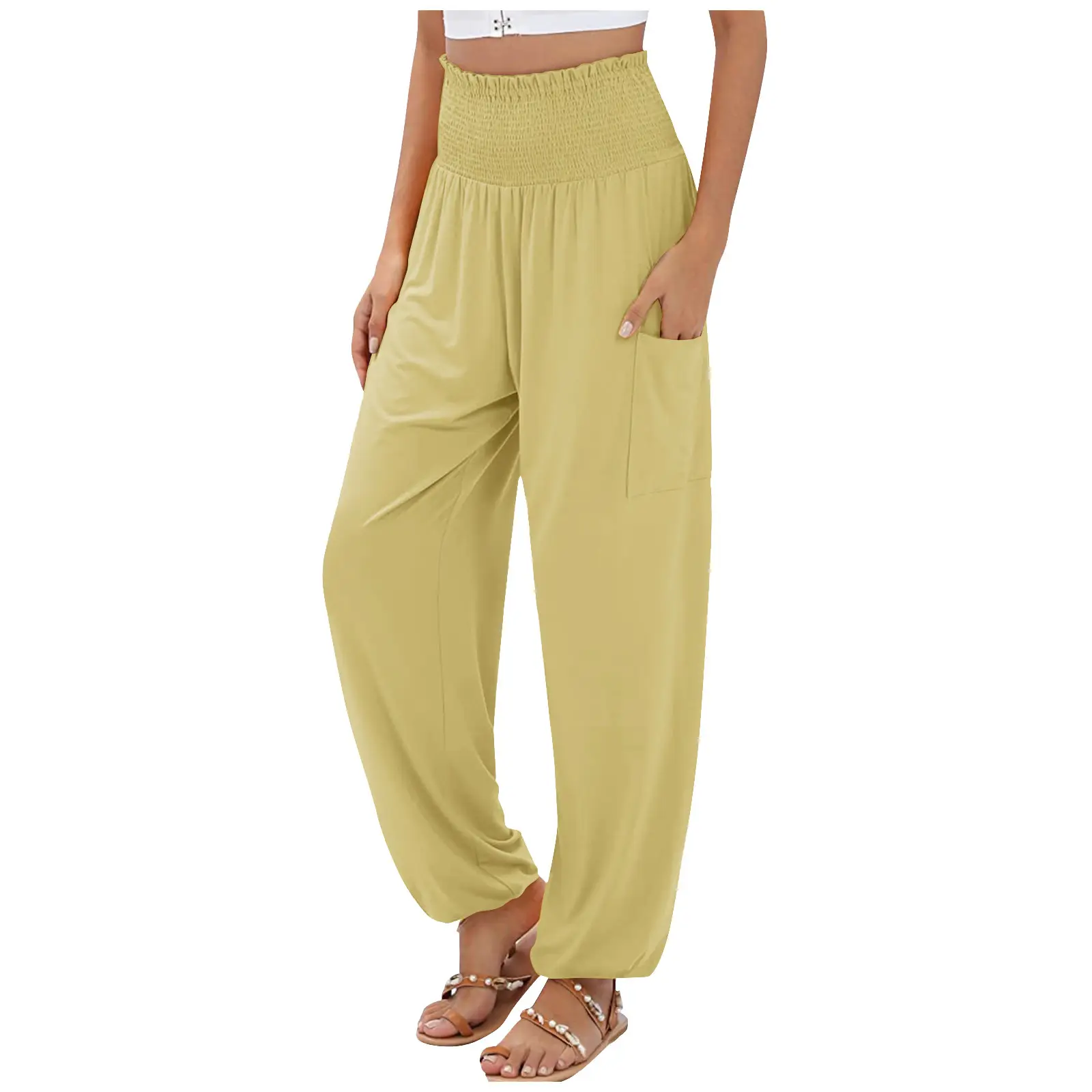 Women's Brown Elastic High Waist Wide Leg Pants