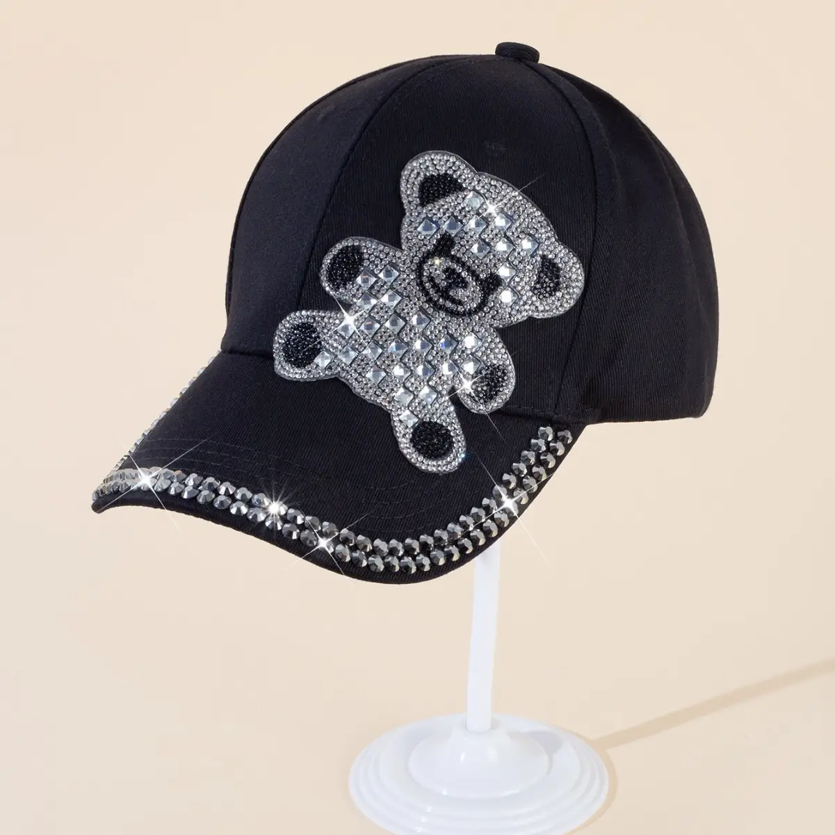 Black Rhinestone Bear Cap for Girls Boys Summer Wear