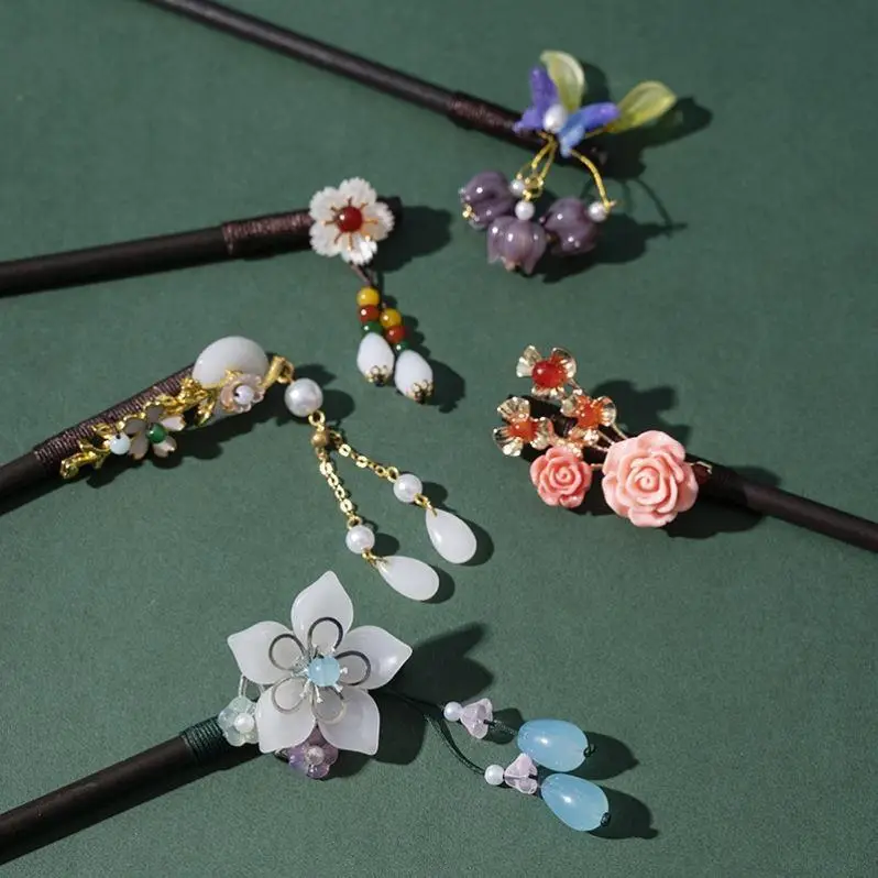 Ancient Chinese Wooden Hairpin with Floral Tassels