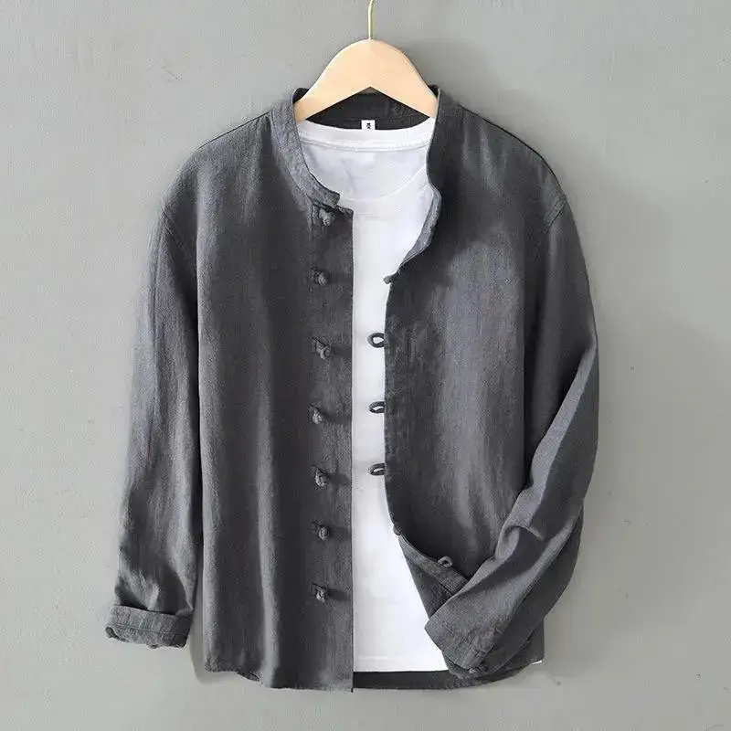 Men Linen Button Collar Shirt Beige Plus Size