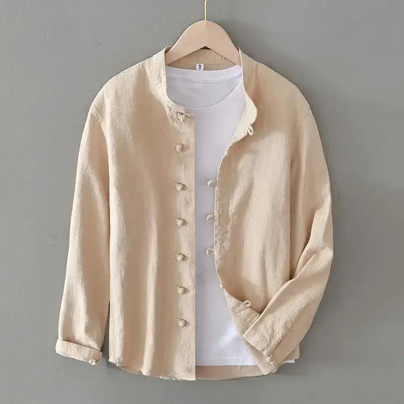 Men Linen Button Collar Shirt Beige Plus Size