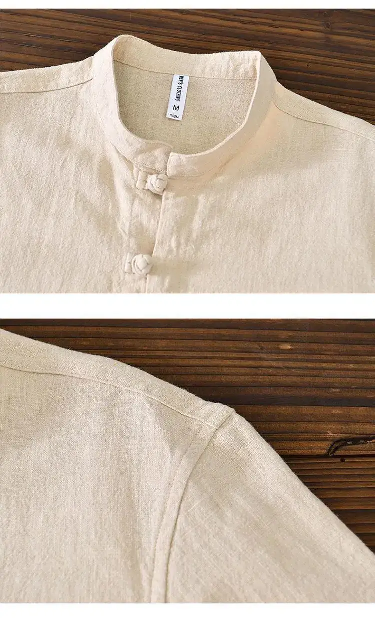 Men Linen Button Collar Shirt Beige Plus Size — feature 11
