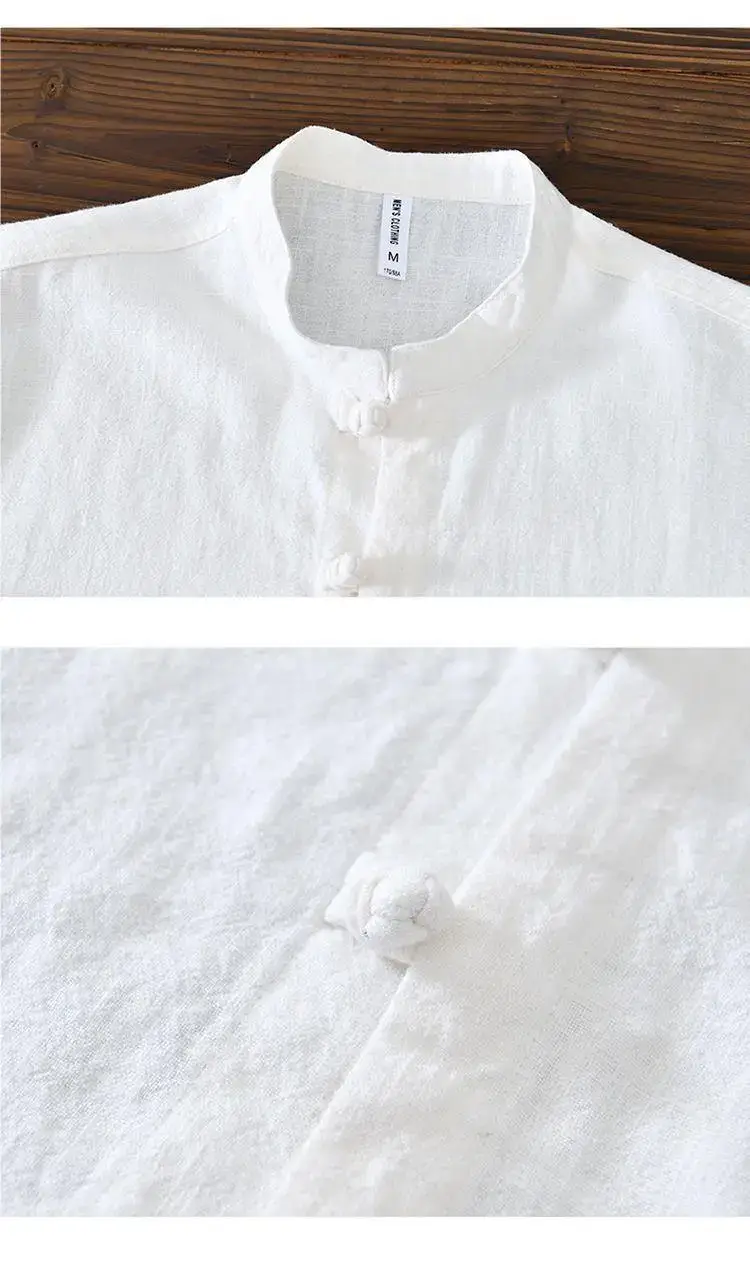 Men Linen Button Collar Shirt Beige Plus Size — feature 13