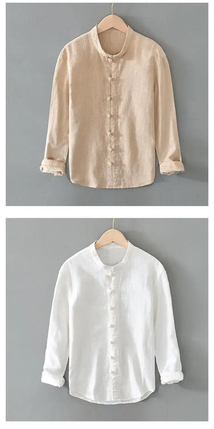 Men Linen Button Collar Shirt Beige Plus Size — feature 4