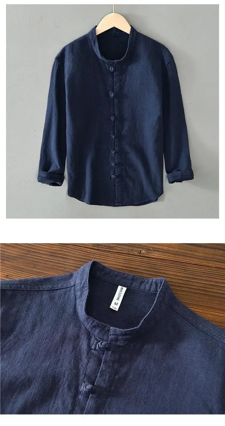 Men Linen Button Collar Shirt Beige Plus Size — feature 5