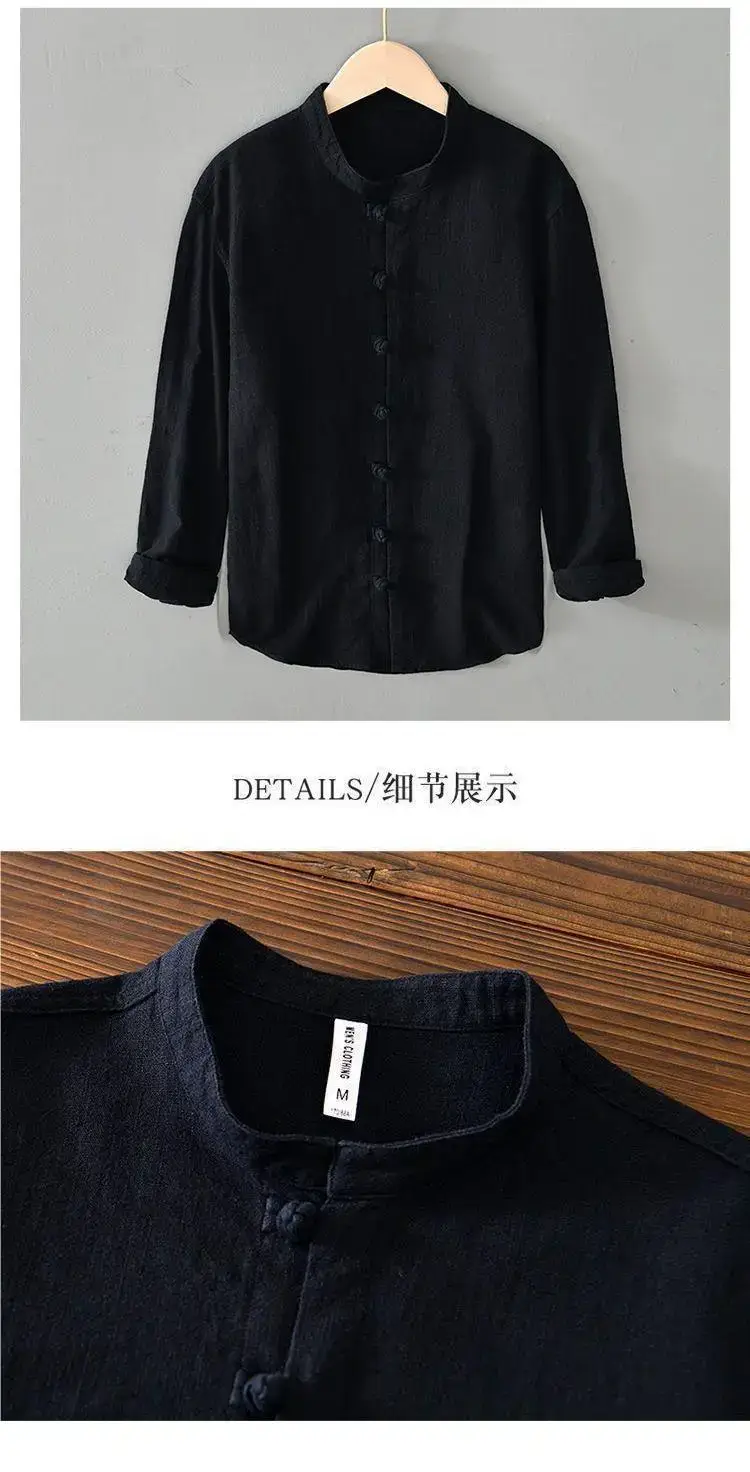 Men Linen Button Collar Shirt Beige Plus Size — feature 7