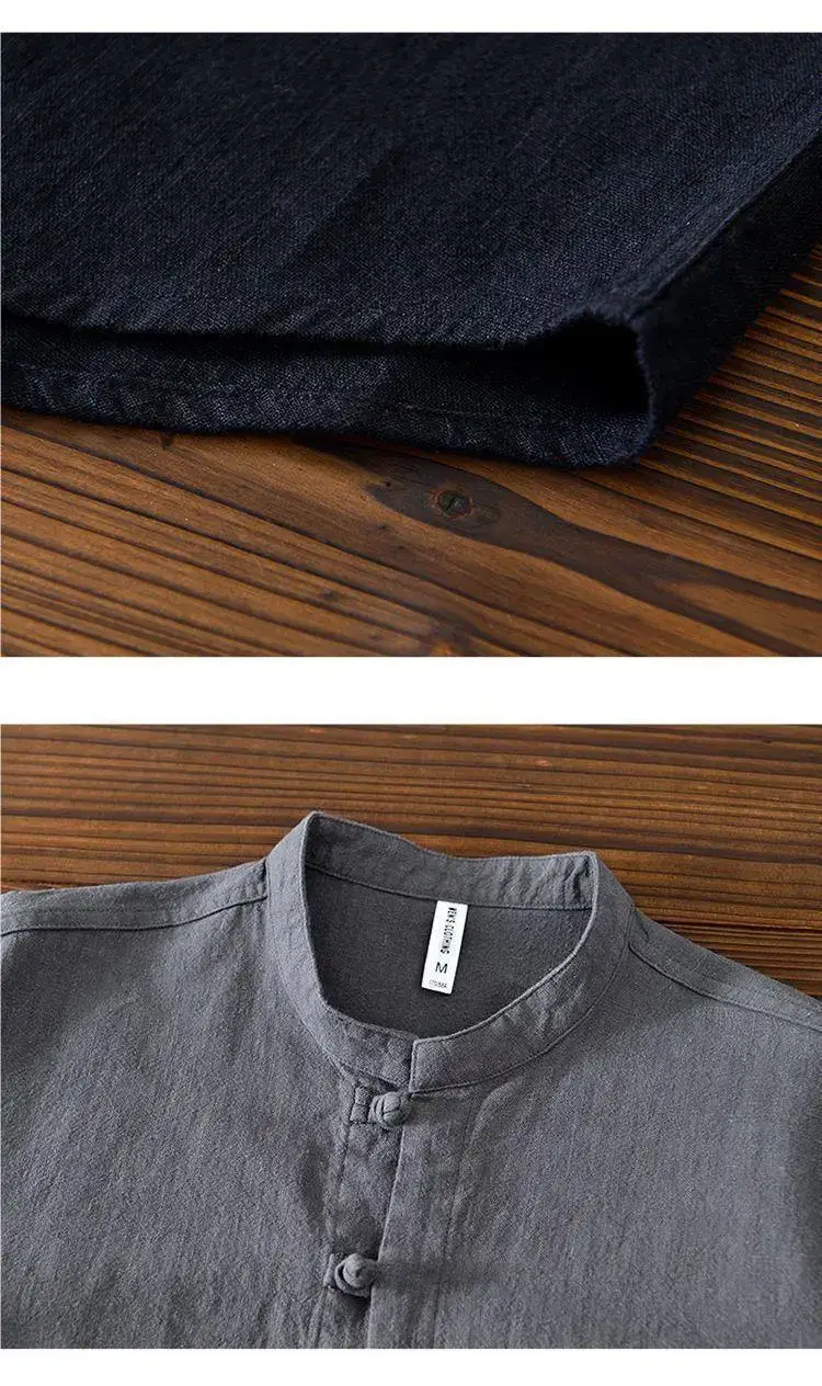 Men Linen Button Collar Shirt Beige Plus Size — feature 9
