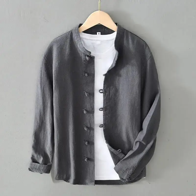 Men Linen Button Collar Shirt Beige Plus Size