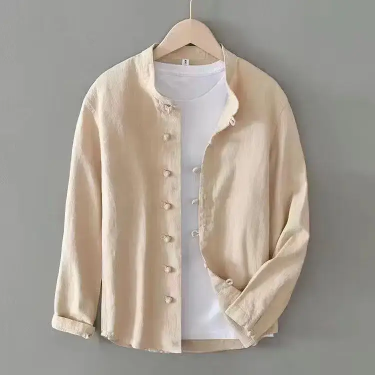 Men Linen Button Collar Shirt Beige Plus Size