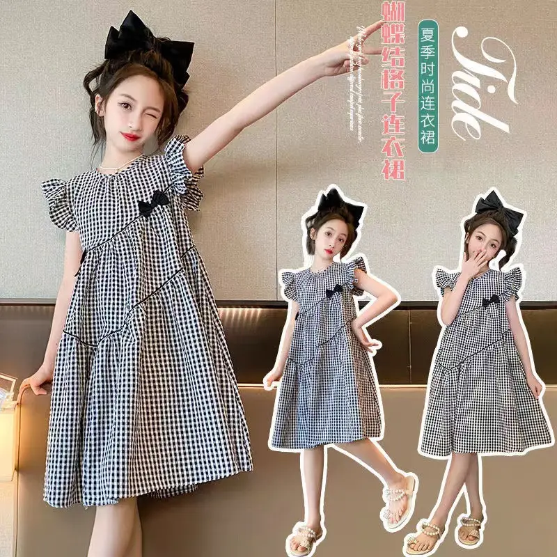 Girls Plaid Western Dress 2023 Flying Sleeve Bow - Image 3