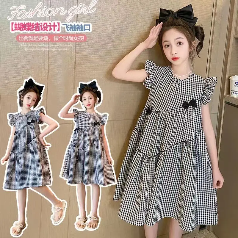 Girls Plaid Western Dress 2023 Flying Sleeve Bow - Image 4