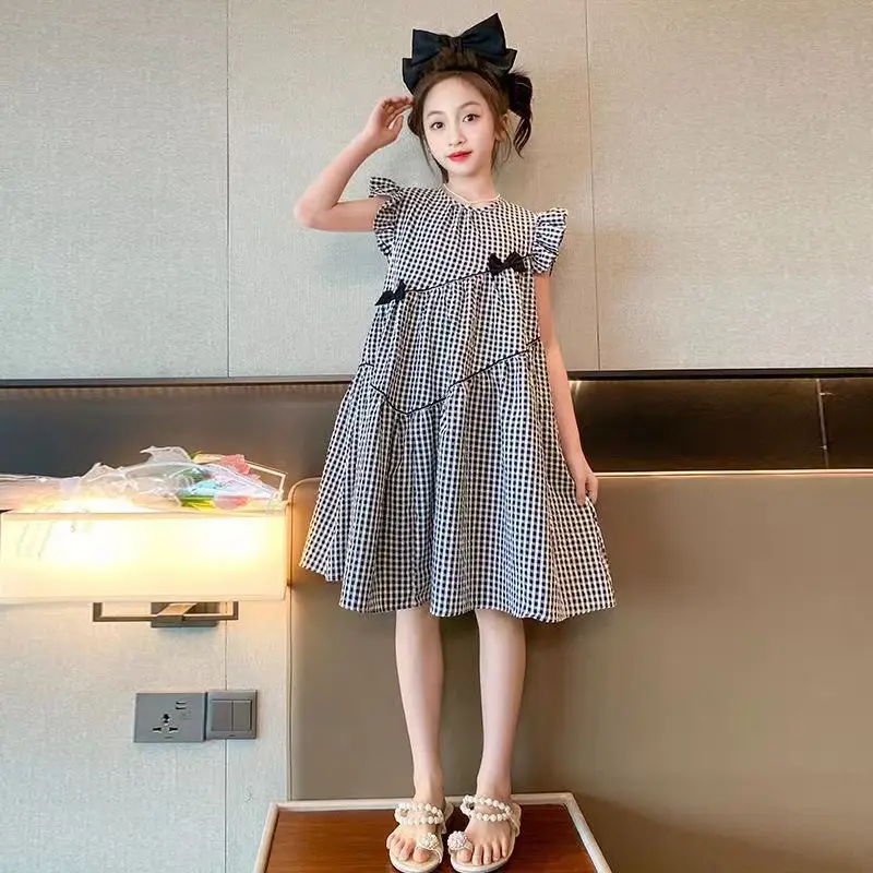 Girls Plaid Western Dress 2023 Flying Sleeve Bow - Image 5
