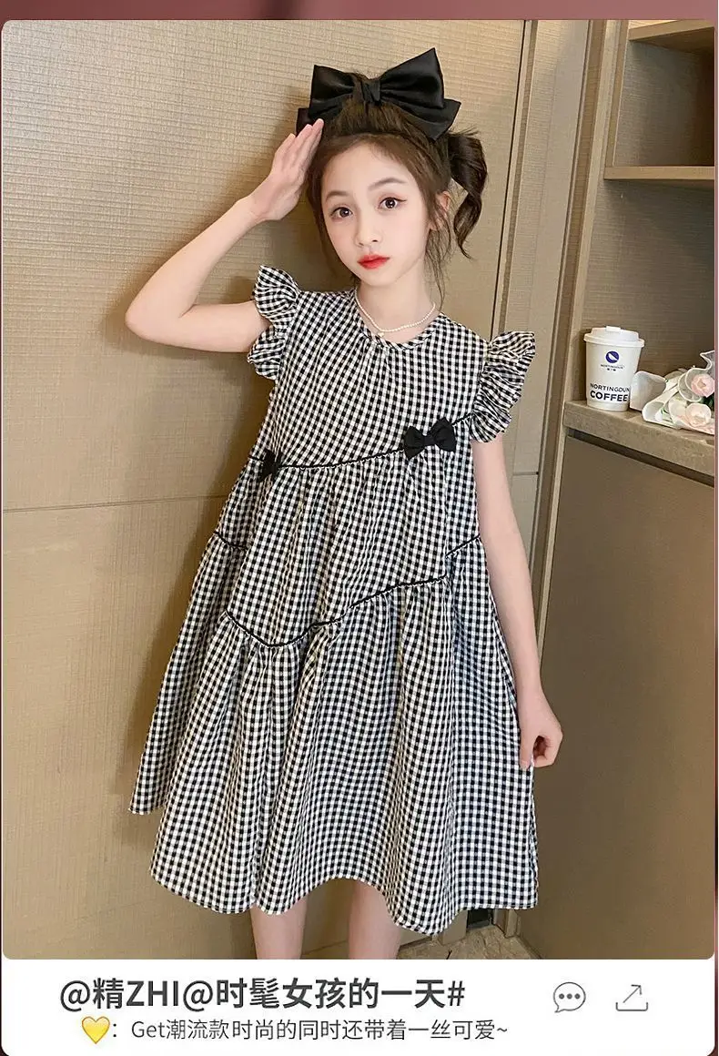 Girls Plaid Western Dress 2023 Flying Sleeve Bow — feature 1