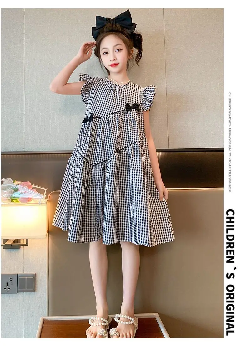 Girls Plaid Western Dress 2023 Flying Sleeve Bow — feature 10