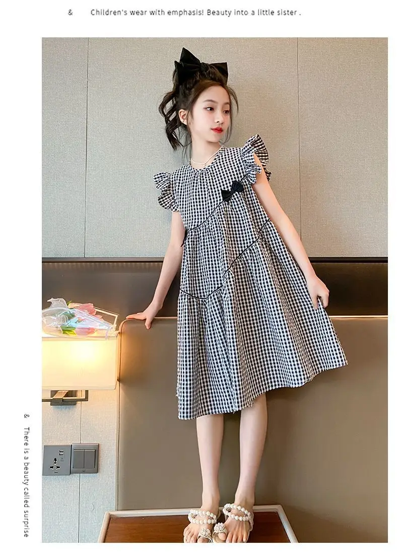 Girls Plaid Western Dress 2023 Flying Sleeve Bow — feature 11