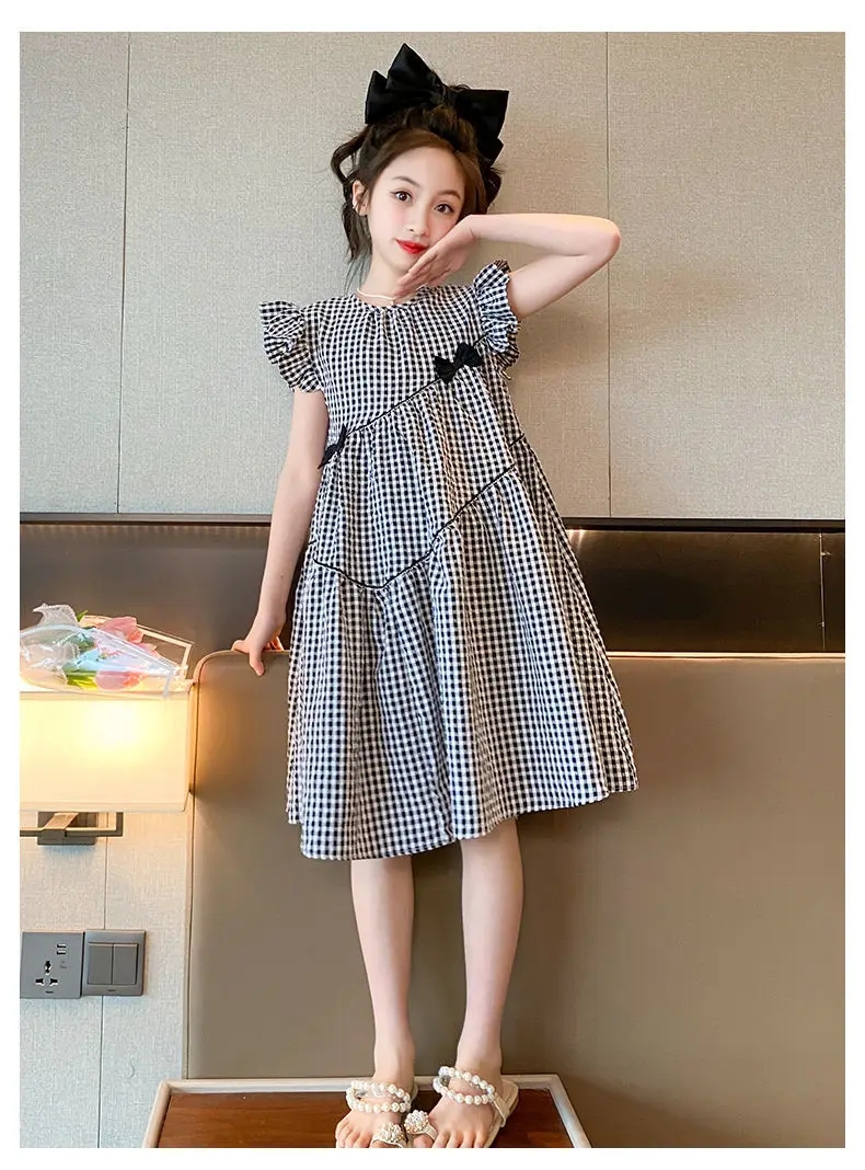 Girls Plaid Western Dress 2023 Flying Sleeve Bow — feature 12