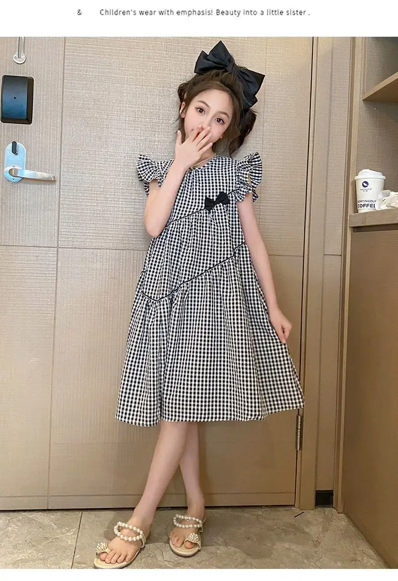 Girls Plaid Western Dress 2023 Flying Sleeve Bow — feature 13