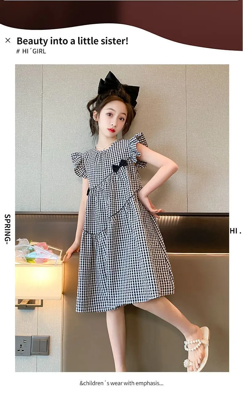 Girls Plaid Western Dress 2023 Flying Sleeve Bow — feature 2