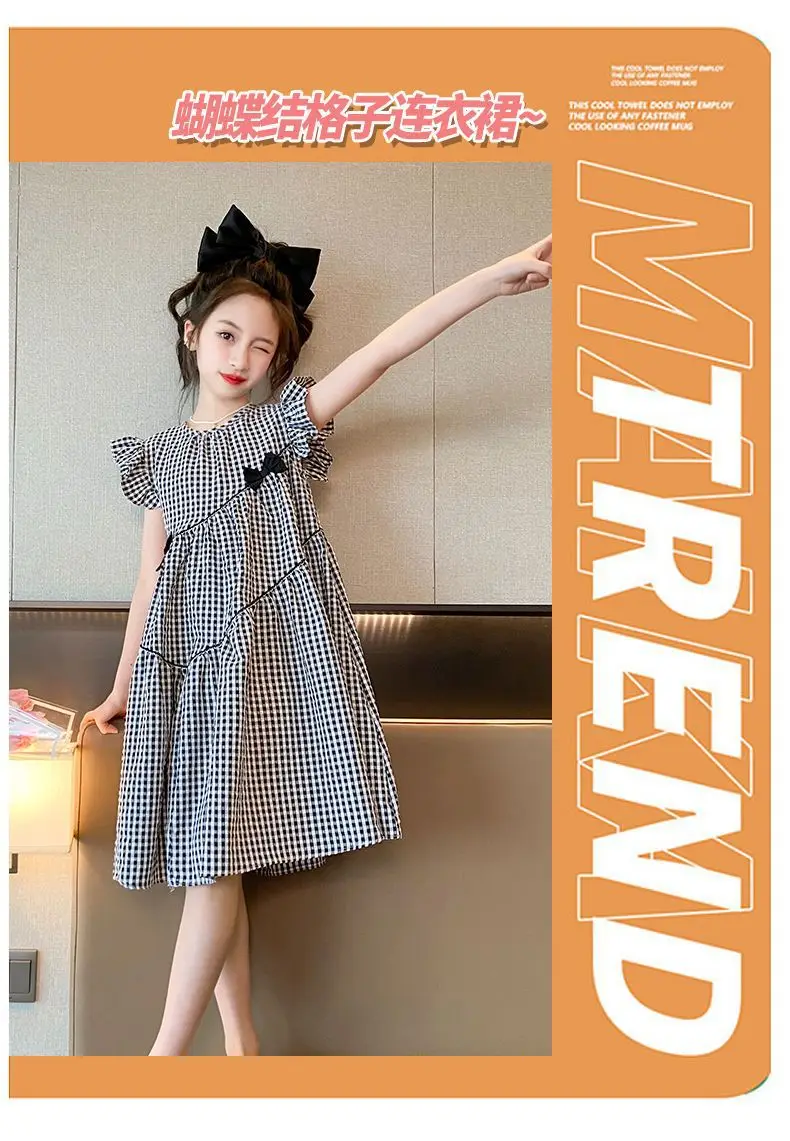 Girls Plaid Western Dress 2023 Flying Sleeve Bow — feature 3