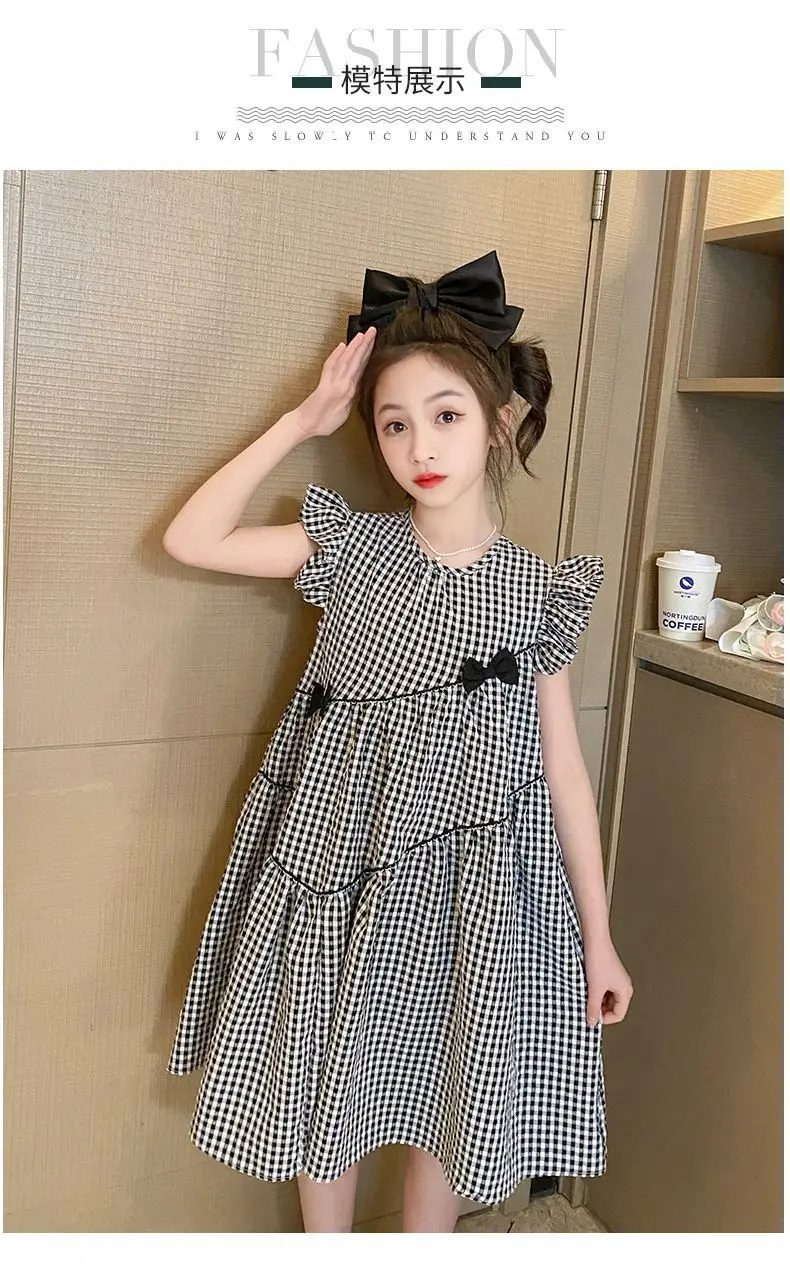 Girls Plaid Western Dress 2023 Flying Sleeve Bow — feature 4