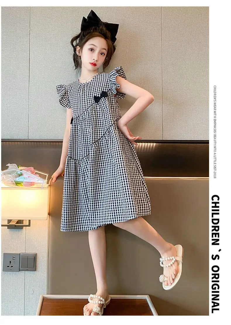 Girls Plaid Western Dress 2023 Flying Sleeve Bow — feature 5