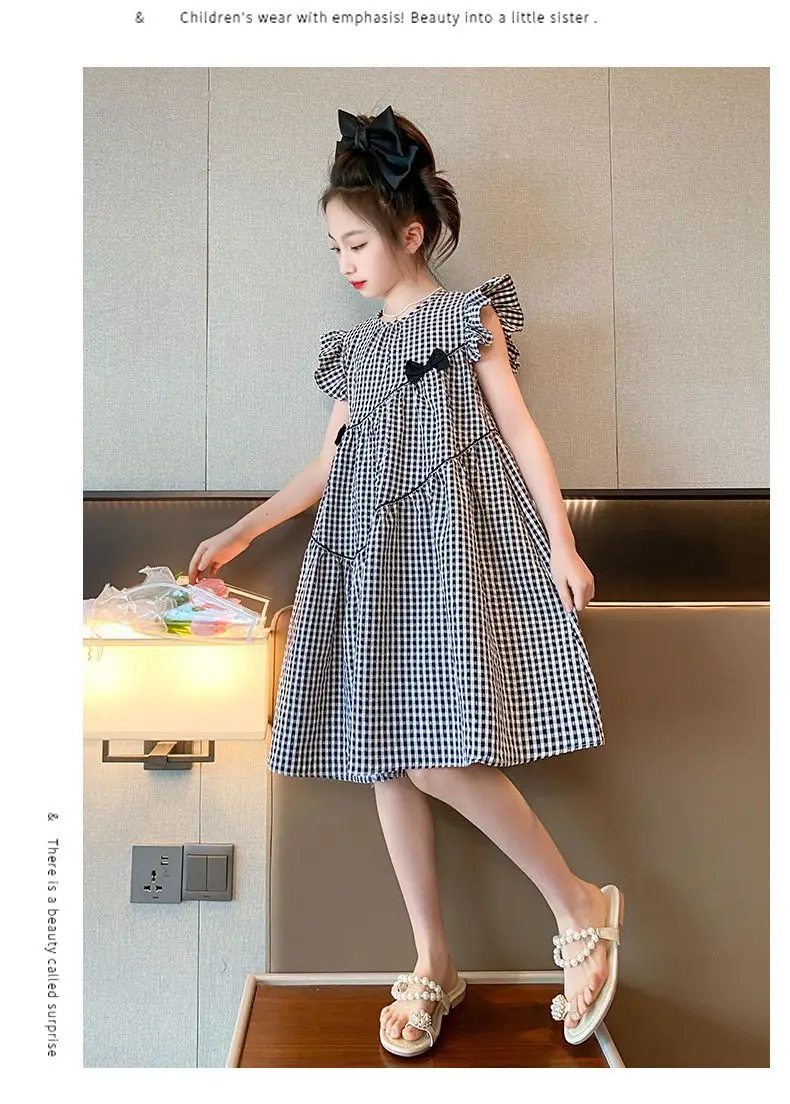 Girls Plaid Western Dress 2023 Flying Sleeve Bow — feature 6