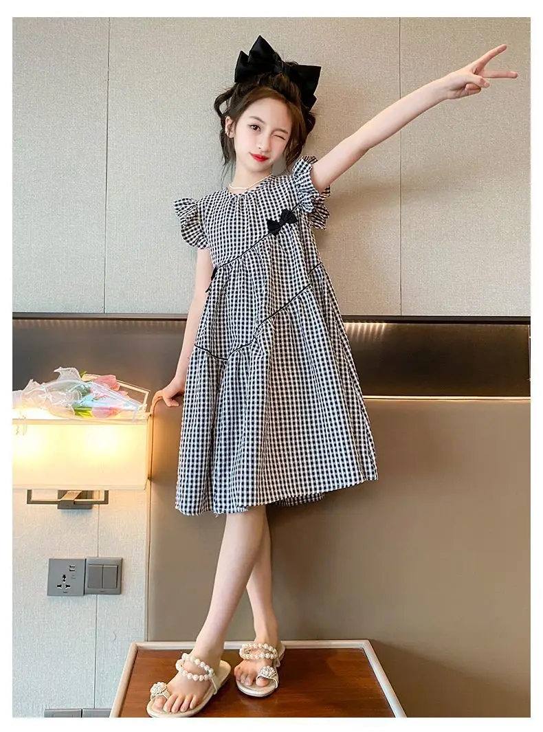 Girls Plaid Western Dress 2023 Flying Sleeve Bow — feature 7