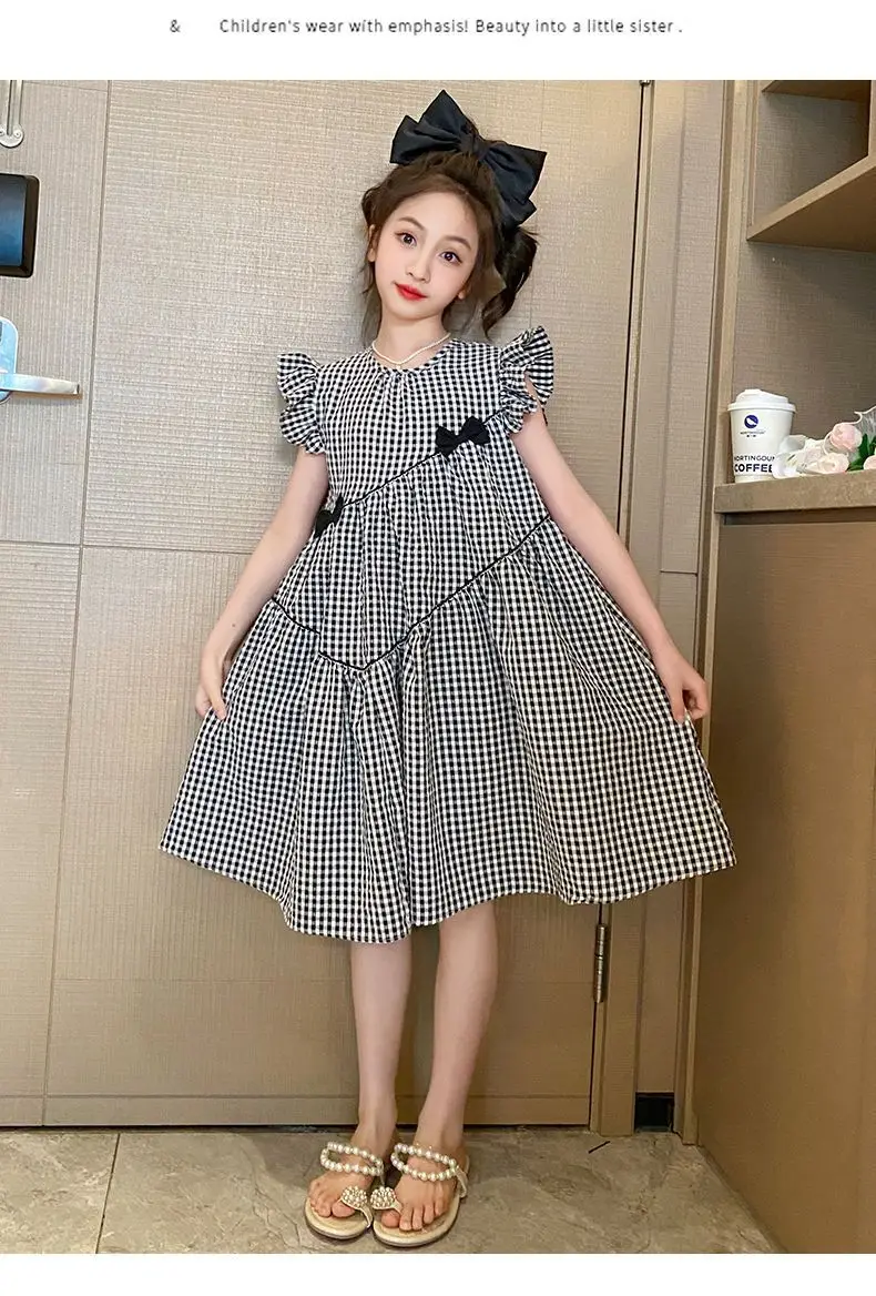 Girls Plaid Western Dress 2023 Flying Sleeve Bow — feature 8