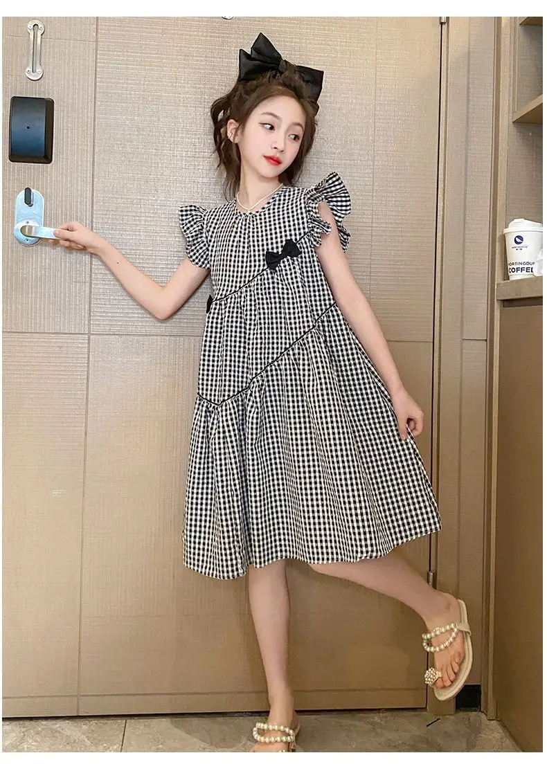 Girls Plaid Western Dress 2023 Flying Sleeve Bow — feature 9