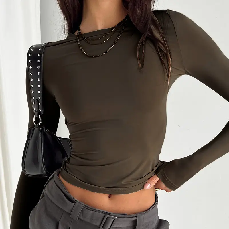 Women's Navy Solid Round Neck Long Sleeve Top - Image 13