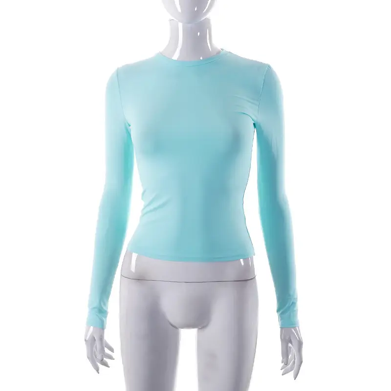 Women's Navy Solid Round Neck Long Sleeve Top - Image 9