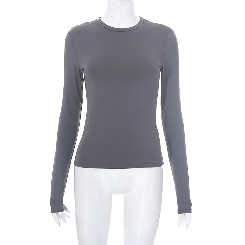 Women's Navy Solid Round Neck Long Sleeve Top - Image 5
