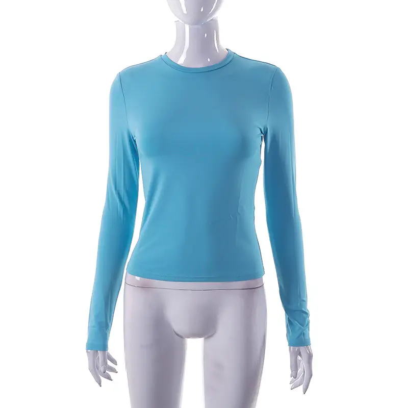 Women's Navy Solid Round Neck Long Sleeve Top - Image 7
