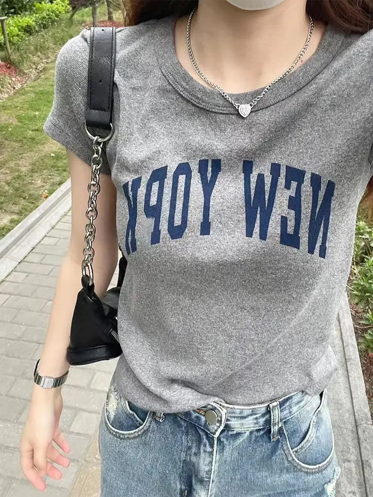 Women New York Letter Gray T-Shirt Short Sleeve Summer