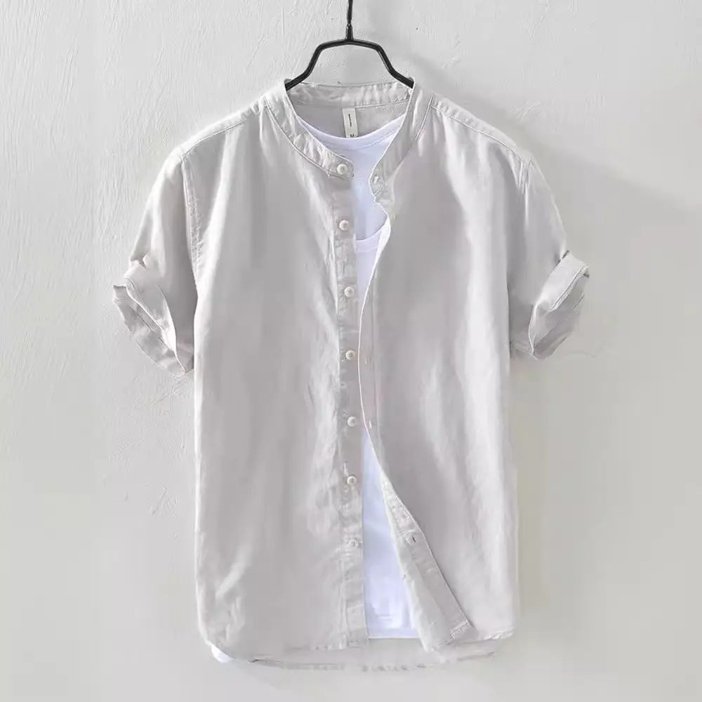 Men Navy Blue Stand-Up Collar Shirt Small - Image 7