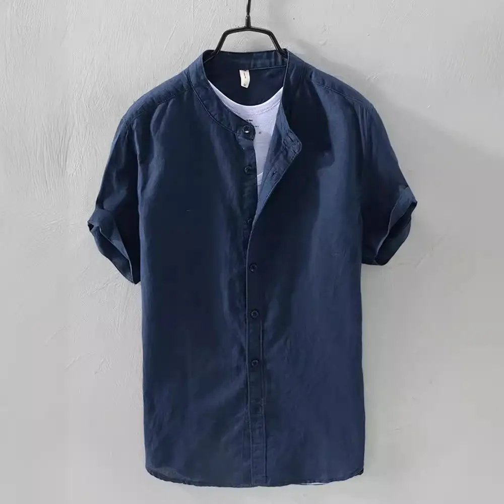Men Navy Blue Stand-Up Collar Shirt Small - Image 9