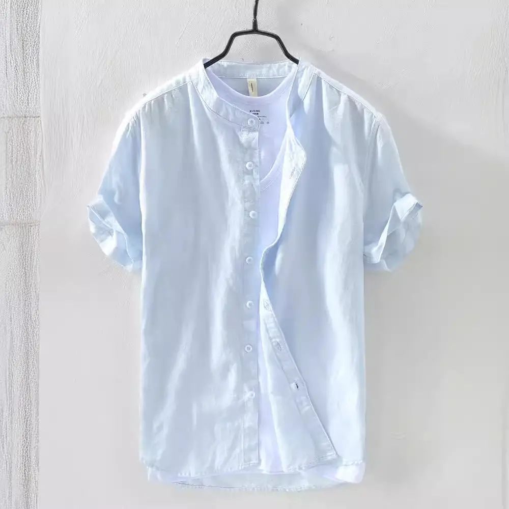 Men Navy Blue Stand-Up Collar Shirt Small - Image 10