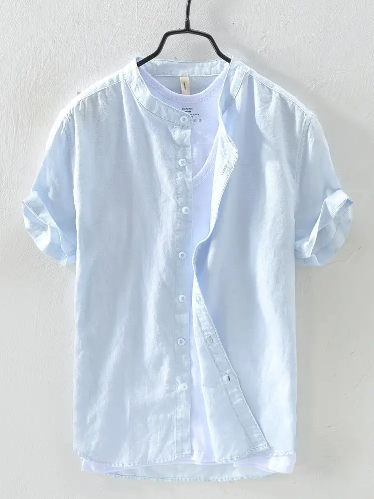 Men Navy Blue Stand-Up Collar Shirt Small - Image 2